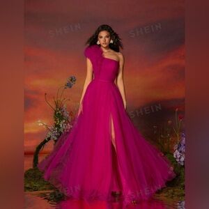 Hot Pink Hostess Dress With Heavy
Beadwork, Luxurious, One Shoulder Design